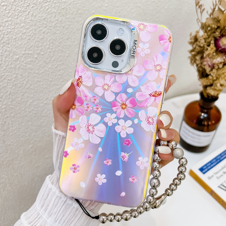 

For iPhone 16 Pro Electroplating Laser Flower Phone Case with Wrist Strap(Pink Flower AH13)