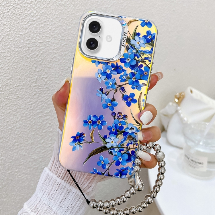 

For iPhone 16 Plus Electroplating Laser Flower Phone Case with Wrist Strap(Myosotis AH2)