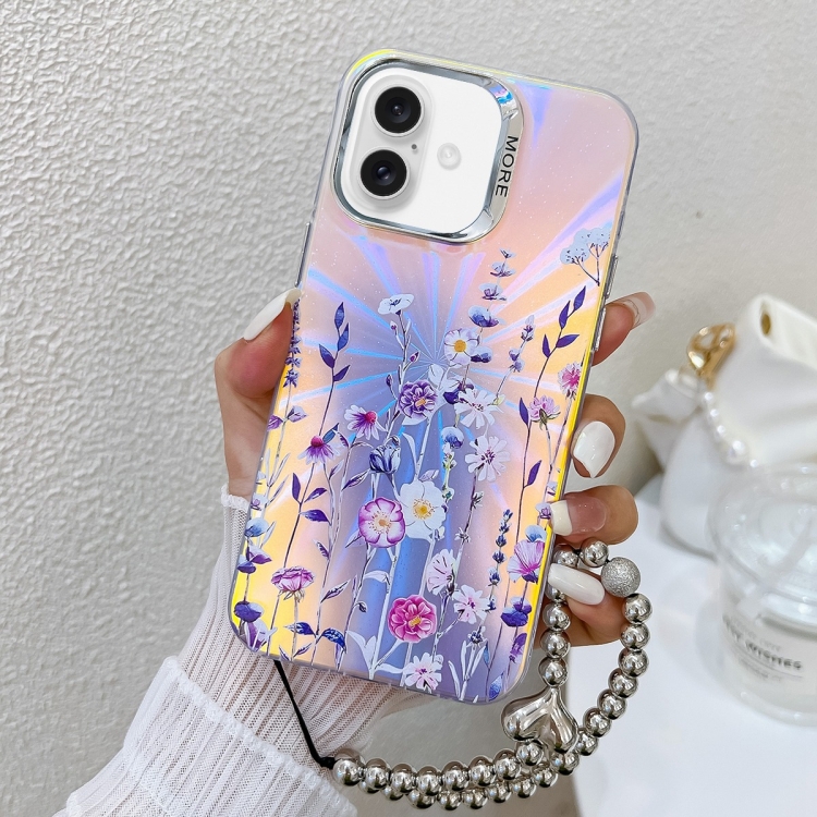 

For iPhone 16 Plus Electroplating Laser Flower Phone Case with Wrist Strap(Flower AH1)
