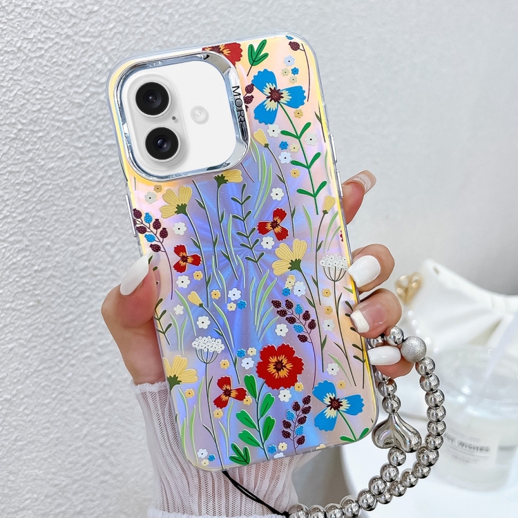 

For iPhone 16 Plus Electroplating Laser Flower Phone Case with Wrist Strap(Flower AH6)