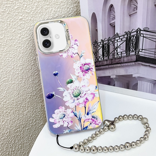 

For iPhone 16 Plus Electroplating Laser Flower Phone Case with Wrist Strap(Zinnia AH9)