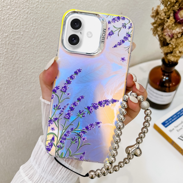 

For iPhone 16 Plus Electroplating Laser Flower Phone Case with Wrist Strap(Lavender AH14)