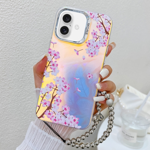 

For iPhone 16 Electroplating Laser Flower Phone Case with Wrist Strap(Peach Blossom AH4)