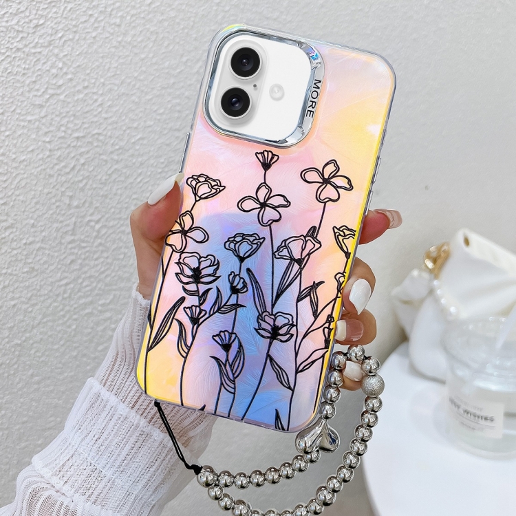 

For iPhone 16 Electroplating Laser Flower Phone Case with Wrist Strap(Drawn Flowers AH3)