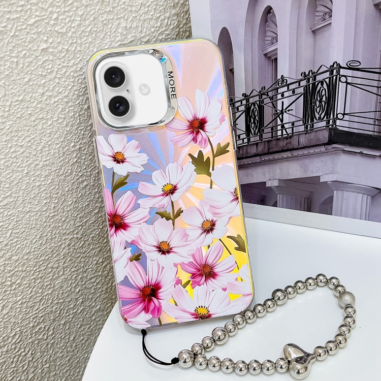 

For iPhone 16 Electroplating Laser Flower Phone Case with Wrist Strap(Cosmos Flower AH7)