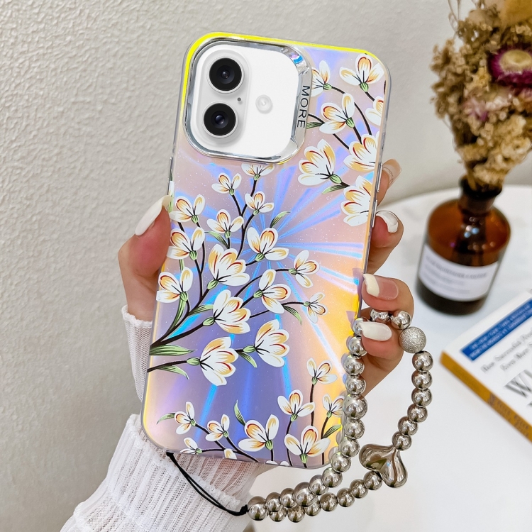

For iPhone 16 Electroplating Laser Flower Phone Case with Wrist Strap(Pear Blossom AH17)