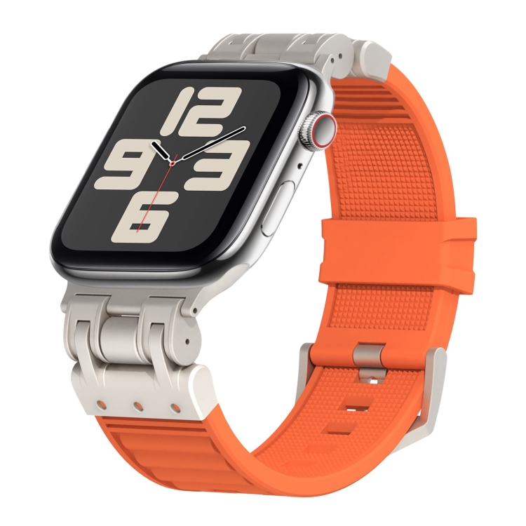 

For Apple Watch SE 2023 44mm Metal Mecha Plaid Silicone Watch Band(Orange)