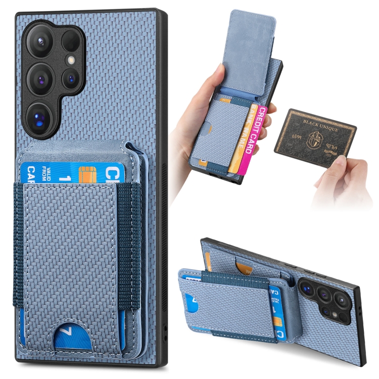 

For Samsung Galaxy S23 Ultra 5G Carbon Fiber Vertical Flip Wallet Stand Phone Case(Blue)