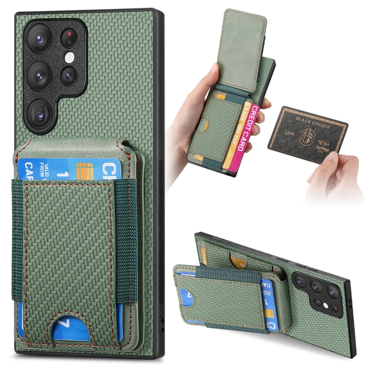 

For Samsung Galaxy S22 Ultra 5G Carbon Fiber Vertical Flip Wallet Stand Phone Case(Green)