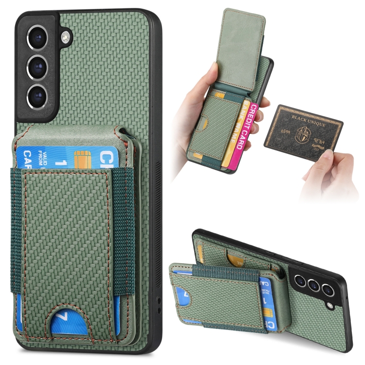 

For Samsung Galaxy S21 5G Carbon Fiber Vertical Flip Wallet Stand Phone Case(Green)