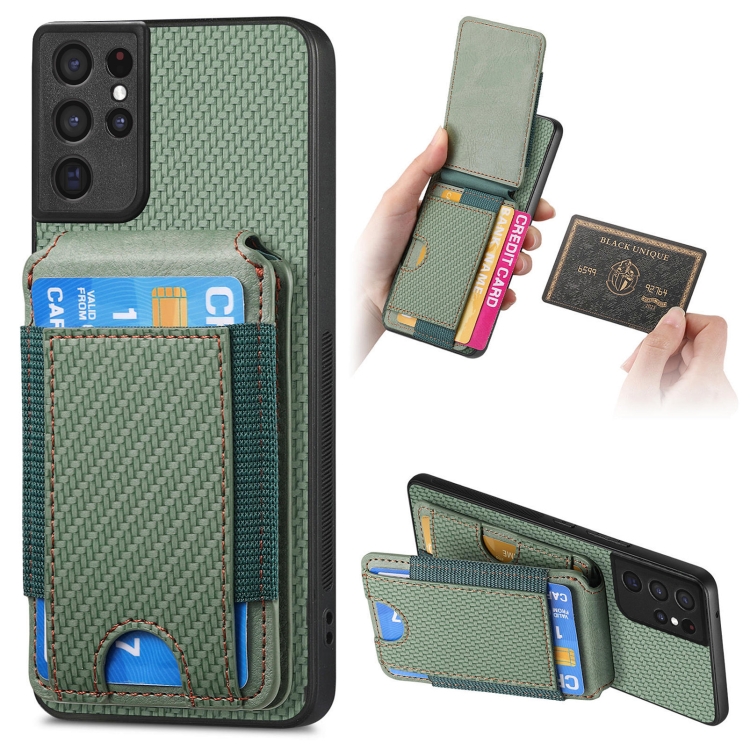 

For Samsung Galaxy S21 Ultra 5G Carbon Fiber Vertical Flip Wallet Stand Phone Case(Green)