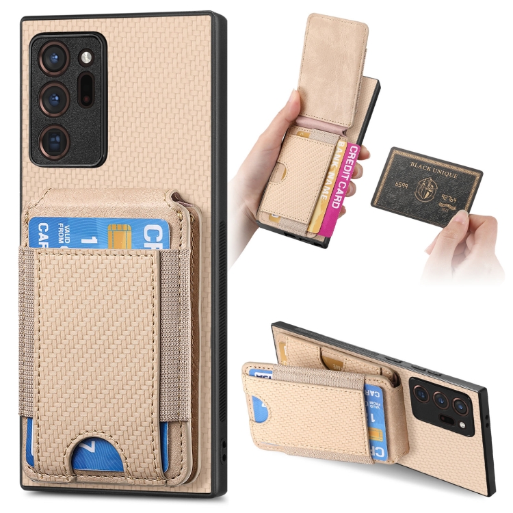 

For Samsung Galaxy Note20 Carbon Fiber Vertical Flip Wallet Stand Phone Case(Khaki)