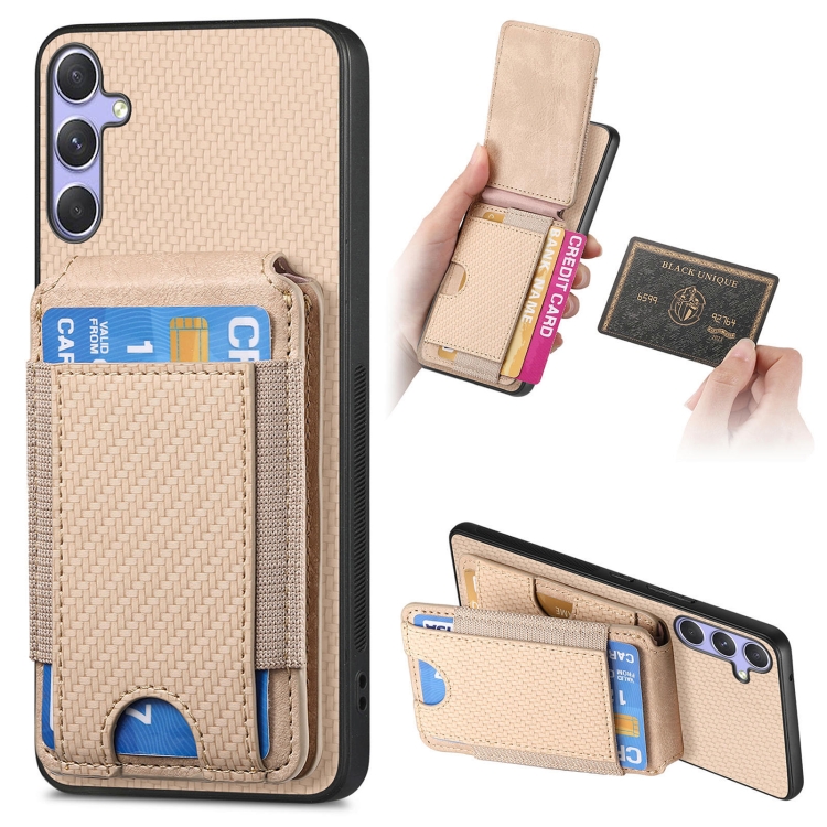 

For Samsung Galaxy S25 5G Carbon Fiber Vertical Flip Wallet Stand Phone Case(Khaki)