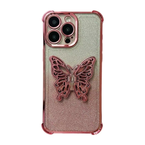 

For iPhone 16 Pro Max Electroplated Glitter 3D Butterfly Four-corner Shockproof TPU Phone Case(Gradient Pink)