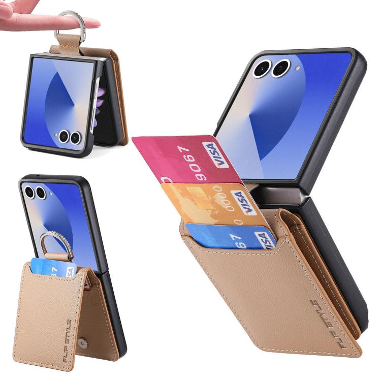 For Galaxy Z Flip7 5G Litchi Texture Leather Ring Wallet Phone Case(Khaki)