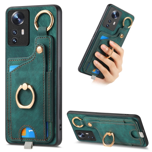 

For Xiaomi 12 Retro Skin-feel Ring Card Bag Phone Case with Hang Loop(Green)