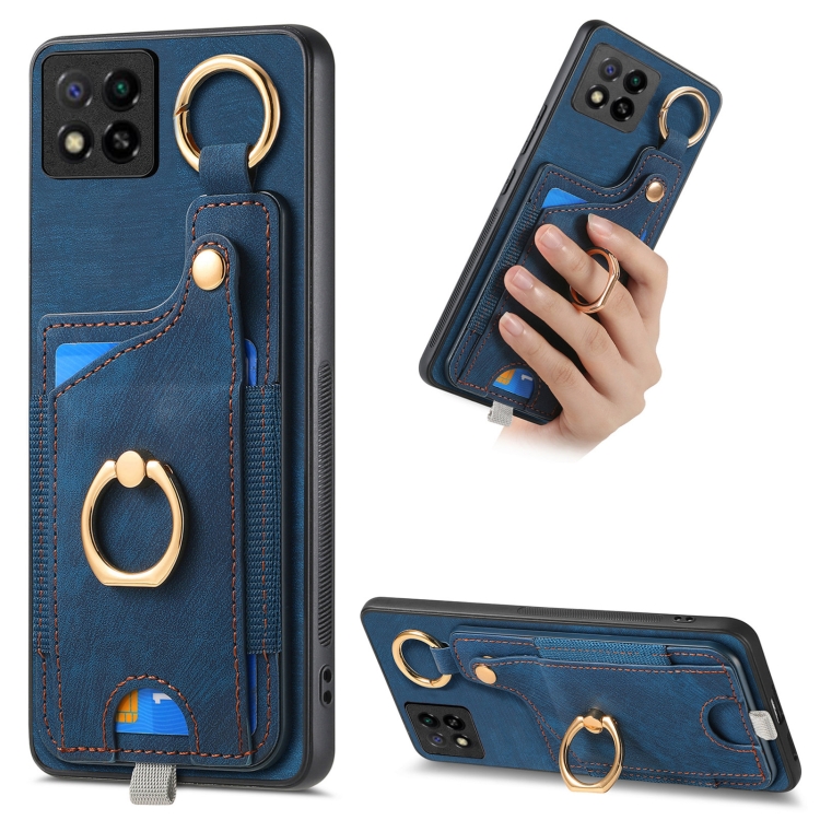 For Redmi 9C Retro Skin-feel Ring Card Bag Phone Case with Hang