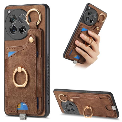 

For OnePlus 12 5G Retro Skin-feel Ring Card Bag Phone Case with Hang Loop(Brown)