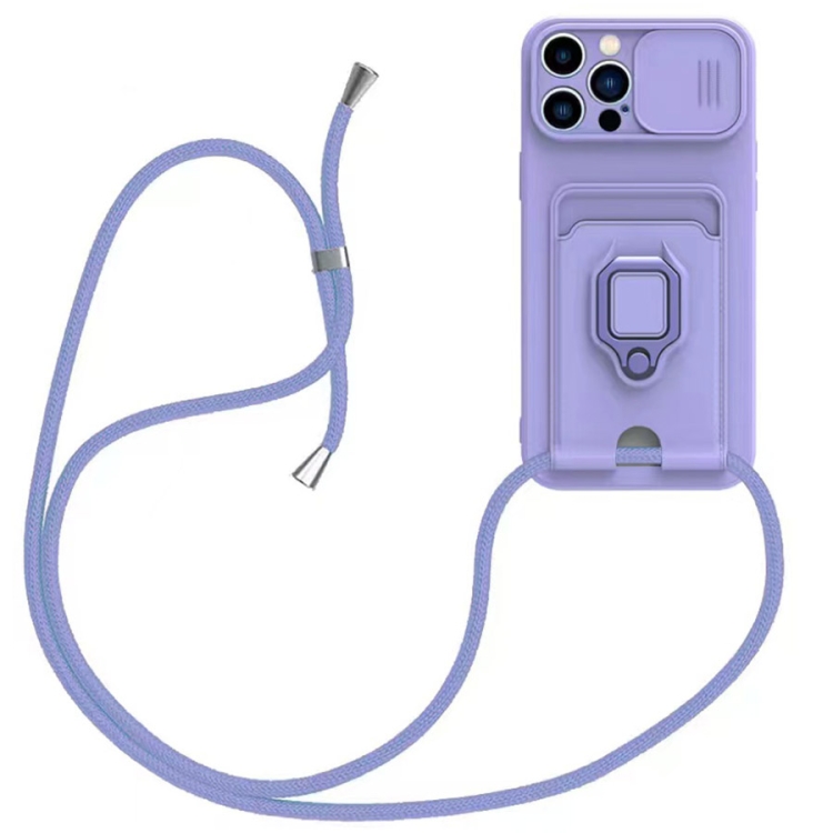 

For iPhone 14 Pro Max Sliding Camshield Magnetic Card Holder Silicone Phone Case with Lanyard(Light Purple)