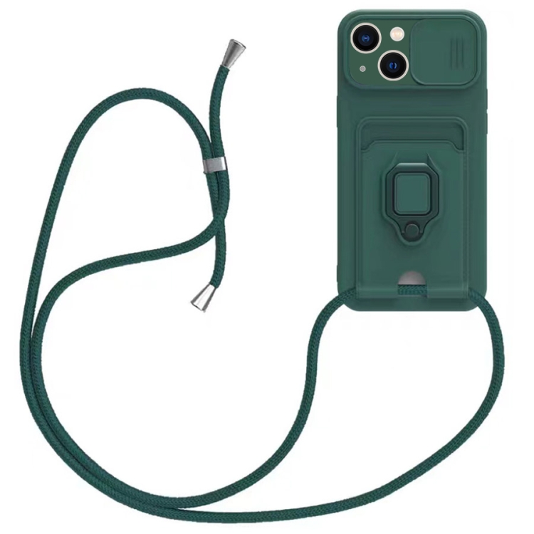 

For iPhone 13 Sliding Camshield Magnetic Card Holder Silicone Phone Case with Lanyard(Dark Night Green)