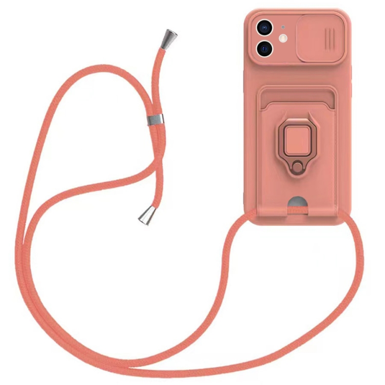 

For iPhone 12 Sliding Camshield Magnetic Card Holder Silicone Phone Case with Lanyard(Pink)