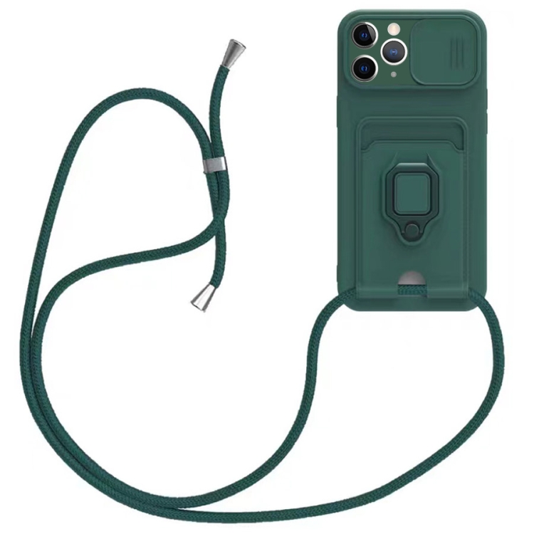 

For iPhone 11 Pro Max Sliding Camshield Magnetic Card Holder Silicone Phone Case with Lanyard(Dark Night Green)