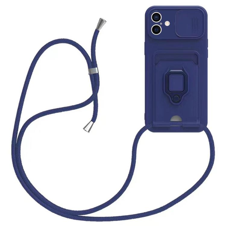 

For iPhone 16 Sliding Camshield Magnetic Card Holder Silicone Phone Case with Lanyard(Navy Blue)