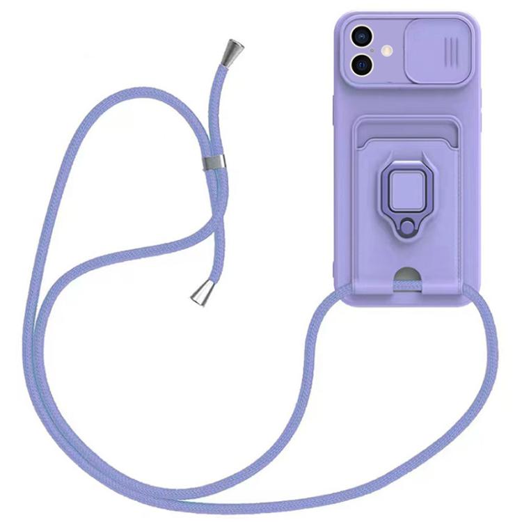 

For iPhone 16 Sliding Camshield Magnetic Card Holder Silicone Phone Case with Lanyard(Light Purple)