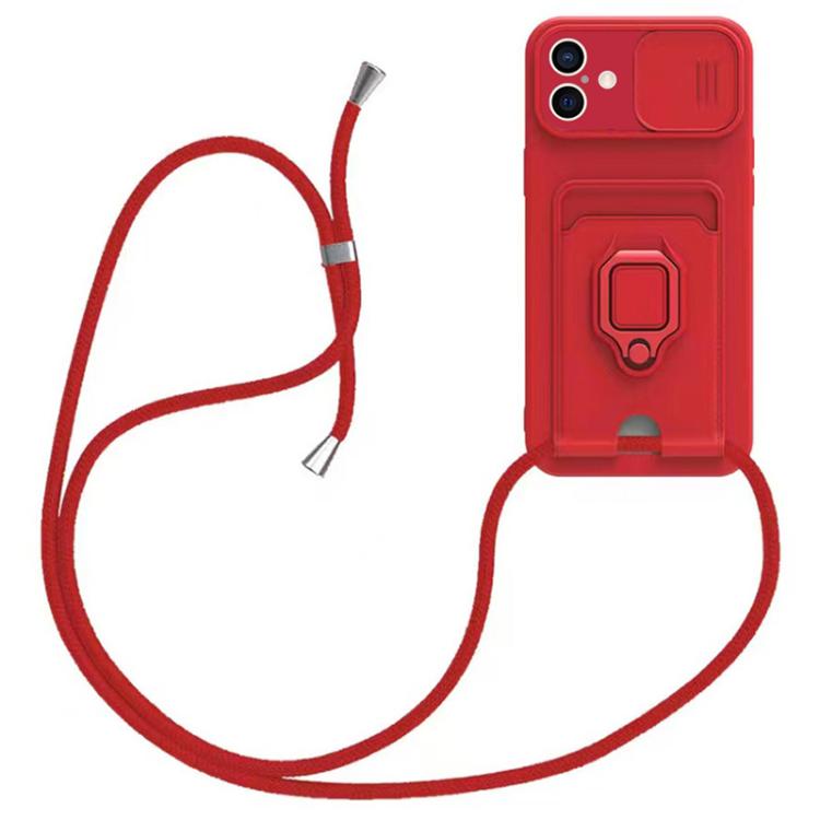 

For iPhone 16 Sliding Camshield Magnetic Card Holder Silicone Phone Case with Lanyard(Red)