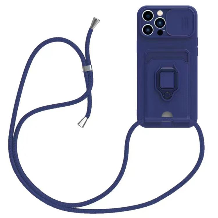 

For iPhone 16 Pro Sliding Camshield Magnetic Card Holder Silicone Phone Case with Lanyard(Navy Blue)