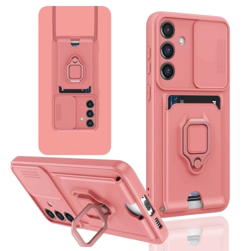 

For Samsung Galaxy A15 5G Sliding Camshield Magnetic Card Holder Silicone Phone Case(Pink)