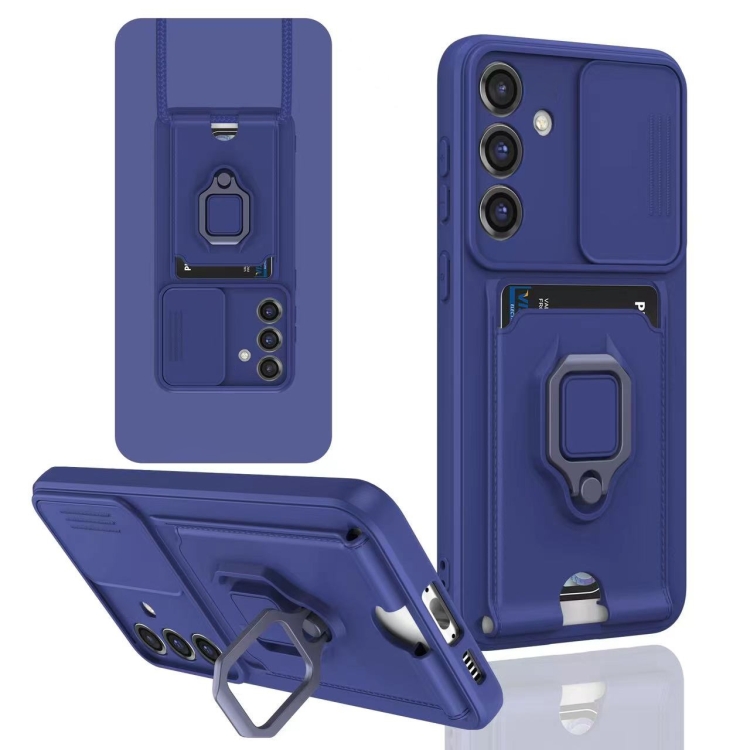 

For Samsung Galaxy A35 5G Sliding Camshield Magnetic Card Holder Silicone Phone Case(Navy Blue)