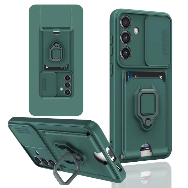 

For Samsung Galaxy S24+ 5G Sliding Camshield Magnetic Card Holder Silicone Phone Case(Dark Night Green)
