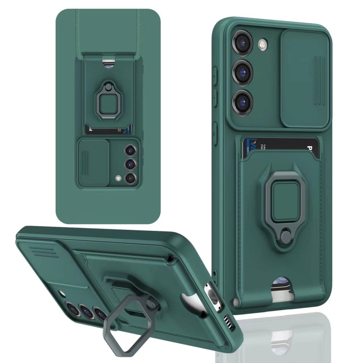 

For Samsung Galaxy S23+ 5G Sliding Camshield Magnetic Card Holder Silicone Phone Case(Dark Night Green)