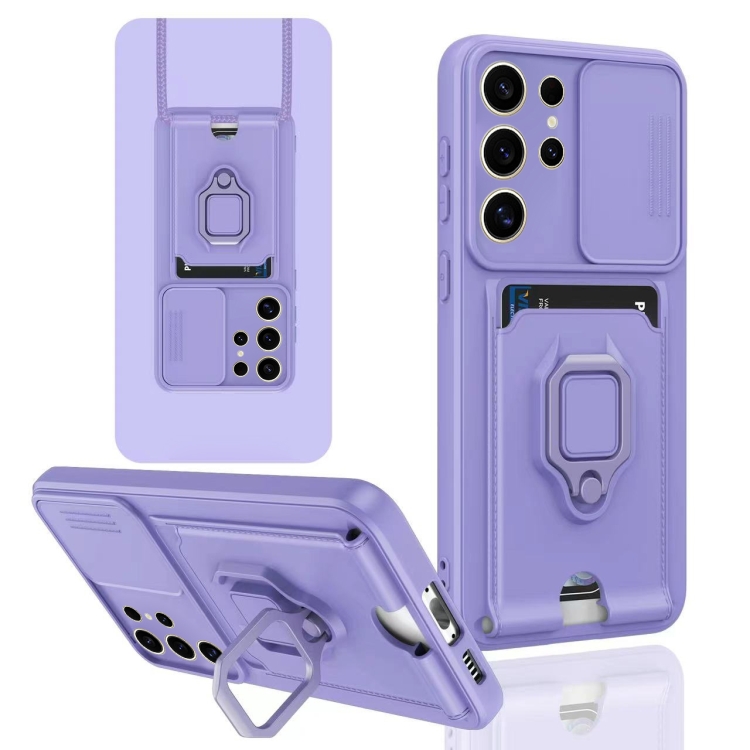 

For Samsung Galaxy S22 Ultra 5G Sliding Camshield Magnetic Card Holder Silicone Phone Case(Light Purple)
