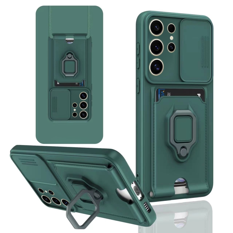 

For Samsung Galaxy S22 Ultra 5G Sliding Camshield Magnetic Card Holder Silicone Phone Case(Dark Night Green)