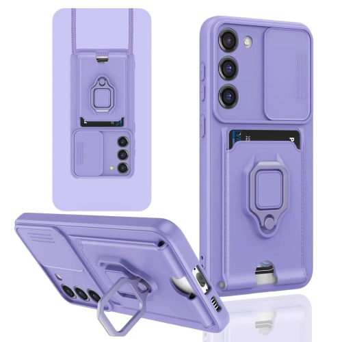 

For Samsung Galaxy S22+ 5G Sliding Camshield Magnetic Card Holder Silicone Phone Case(Light Purple)