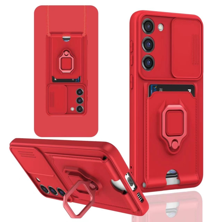 

For Samsung Galaxy S22+ 5G Sliding Camshield Magnetic Card Holder Silicone Phone Case(Red)