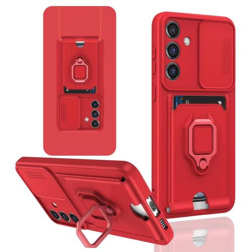 

For Samsung Galaxy S25 5G Sliding Camshield Magnetic Card Holder Silicone Phone Case(Red)