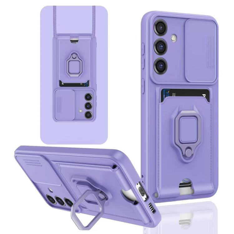 

For Samsung Galaxy S25+ 5G Sliding Camshield Magnetic Card Holder Silicone Phone Case(Light Purple)