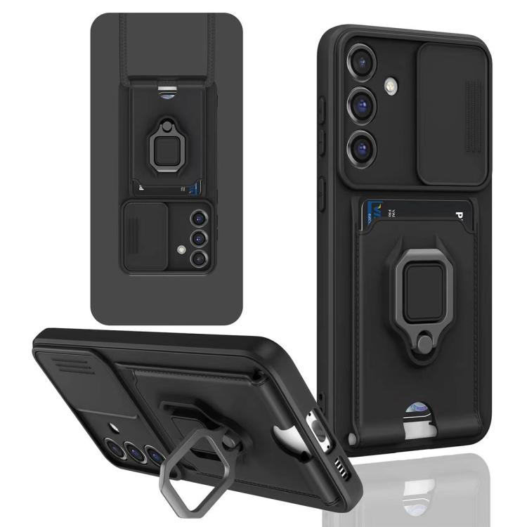 

For Samsung Galaxy S25+ 5G Sliding Camshield Magnetic Card Holder Silicone Phone Case(Black)