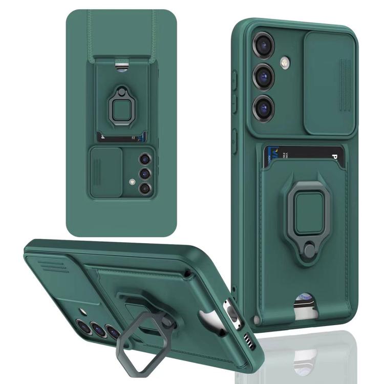 

For Samsung Galaxy S25+ 5G Sliding Camshield Magnetic Card Holder Silicone Phone Case(Dark Night Green)