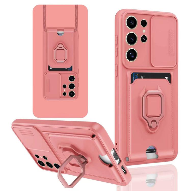 

For Samsung Galaxy S25 Ultra 5G Sliding Camshield Magnetic Card Holder Silicone Phone Case(Pink)