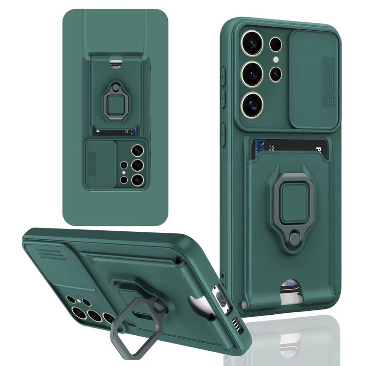 

For Samsung Galaxy S25 Ultra 5G Sliding Camshield Magnetic Card Holder Silicone Phone Case(Dark Night Green)