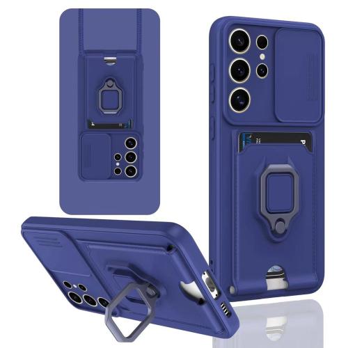 

For Samsung Galaxy S25 Ultra 5G Sliding Camshield Magnetic Card Holder Silicone Phone Case(Navy Blue)