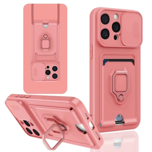 

For iPhone 15 Pro Max Sliding Camshield Magnetic Card Holder Silicone Phone Case(Pink)