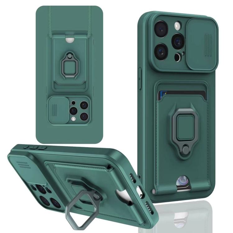 

For iPhone 15 Pro Max Sliding Camshield Magnetic Card Holder Silicone Phone Case(Dark Night Green)