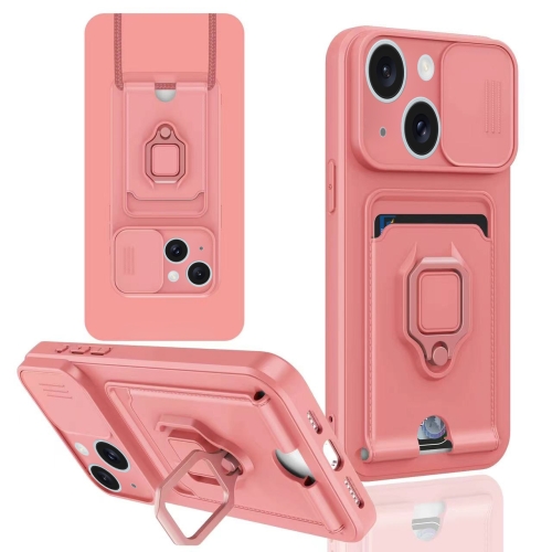 

For iPhone 15 Sliding Camshield Magnetic Card Holder Silicone Phone Case(Pink)