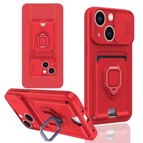 

For iPhone 14 Sliding Camshield Magnetic Card Holder Silicone Phone Case(Red)