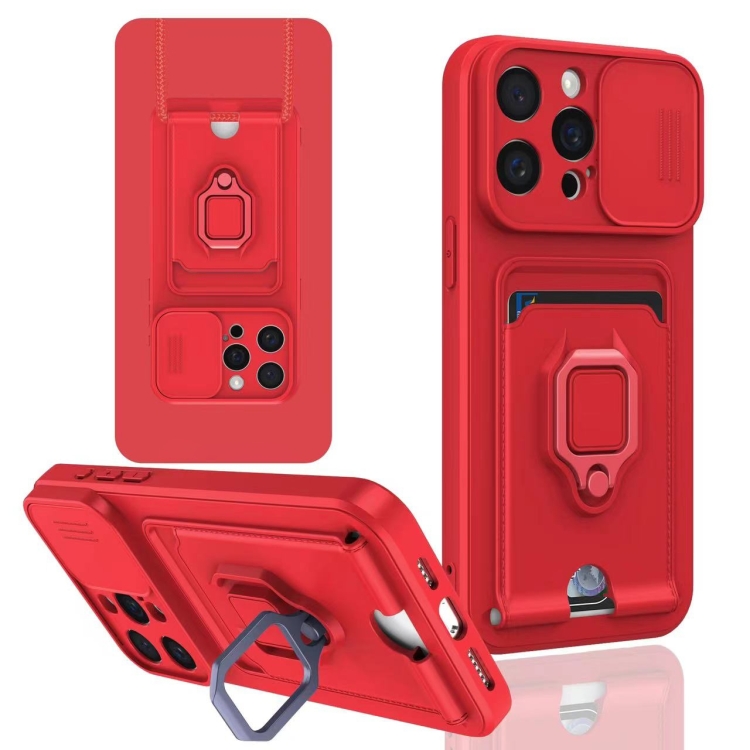 

For iPhone 14 Pro Sliding Camshield Magnetic Card Holder Silicone Phone Case(Red)